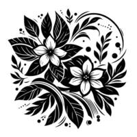 Intricate Black and White Floral Mandala symmetrical of flowers, leaves, and dots in a circular arrangement with clean lines on a white background. vector