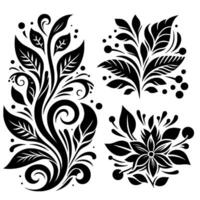 Intricate Black and White Floral Designs A Collection of Stylized Botanical Elements and Ornamentation on a Clean White Background. vector