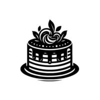Monochrome illustration of a round cake with striped base, dripping glaze, leaf and swirl decorations, and a subtle shadow. vector