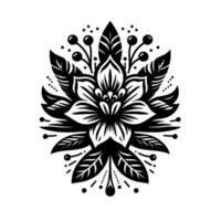 Symmetrical black and white floral featuring a central flower, intricate leaf patterns, and stylized berries, isolated on white background. vector
