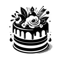 Black and white birthday cake illustration with dripping chocolate frosting, striped layers, floral and decorative elements, and a lit candle. vector