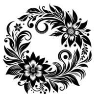 Black and white floral wreath featuring stylized flowers, leaves, and swirling ornamental elements, creating a symmetrical circular pattern with a clean background. vector