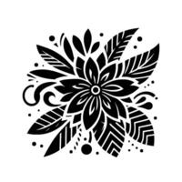Black and White Floral A symmetrical, stylized composition of a central flower surrounded by intricately detailed leaves, swirls, and dots on a clean white background. vector