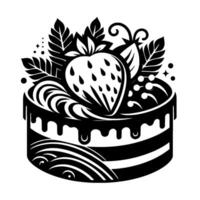 Bold Black and White Illustration of a Layered Cake with a Strawberry and Leaf Garnish, Decorated with Swirls and Drips. vector
