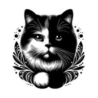 Intricate black and white illustration of a cats face, split vertically with floral embellishments, creating a symmetrical and artistic composition. vector