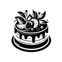 Black and White Illustration of a Layered Cake, Adorned with Berries, Leaves, and Drizzled Chocolate, on a Plate. vector
