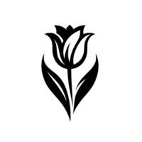 Bold Black and White Tulip Depicting a Modern, Geometric Bloom with Sleek Stem and Leaves, Isolated on White. vector