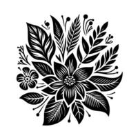 Bold, monochrome floral intricate botanical illustration featuring stylized flowers, leaves, and decorative elements arranged in a symmetrical, circular composition on a white background, high vector