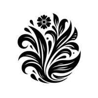 Elegant Black and White Floral Ornament with Symmetrical Featuring Leaves, a Flower, and Curved Elements on a White Background. vector