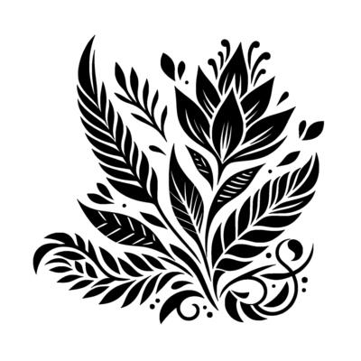 Elegant Black and White Floral Motif A Stylized Botanical Arrangement with Leaves, Blossoms, and Decorative Elements on a White Background.