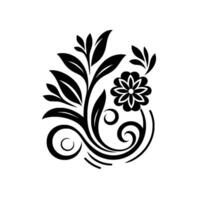 Elegant monochrome floral with stylized leaves, flower, and delicate scroll elements on a white backdrop. vector