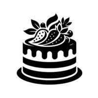 Monochrome Cake Illustration Layered Dessert with Dripping Frosting, Leaves, Berries, and an Elegant, Minimalist on a White Background. vector