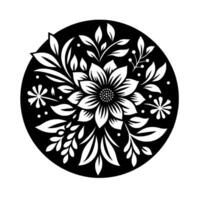 Elegant black and white circular floral , featuring a detailed central flower with multiple petals, surrounded by leaves and decorative elements. vector