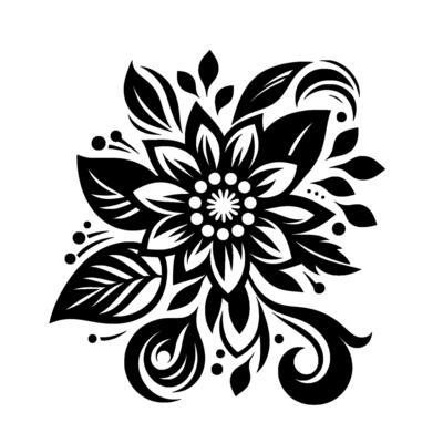 Intricate Black and White Floral A Detailed Illustration of a Flower with Leaves, Petals, and Decorative Elements on a Clean White Background.