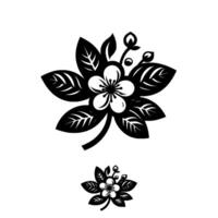 Elegant Black and White Floral Featuring a Large Blossom with Surrounding Leaves, and a Smaller Repeating Motif. vector