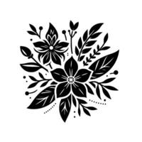 Elegant Black and White Floral A symmetrical arrangement of stylized flowers, leaves, and buds on a white background, creating a minimalist decorative pattern. vector