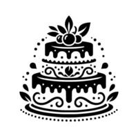 Elegant twotiered cake illustration with dripping chocolate frosting, cherry and leaf decorations, adorned with swirling details, set against a white backdrop in a symmetrical . vector