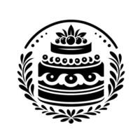 Monochromatic Cake Illustration within an Oval Wreath Festive TwoTiered Cake with Decorative Foliage and Circular Accent, Featuring Ornate vector