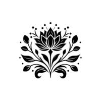 Symmetrical Black Lotus and Botanical with Leafy Branches and Embellishments on White Background, Ornamental Style vector