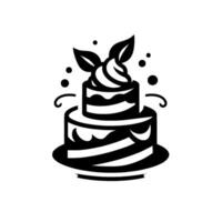 Elegant black and white twotiered cake with whipped cream frosting, adorned with leaves and dots, on a simple white background. vector