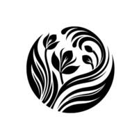 Artistic black and white circular botanical illustration featuring stylized plants with flowing leaves and floral elements on a white background. vector