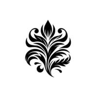 Symmetrical Black Floral Motif with Stylized Leaves, Swirls, and a Pointed Top Centered Against White Background. vector