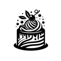 Black and White Minimalist Illustration of a Dessert Cake with Whipped Cream, Cherry, and Decorative Drips, on a White Background. vector
