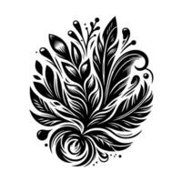 Intricate Black and White Floral in a Rounded Composition, featuring Stylized Leaves, Feathers, and Swirls on a Clean Background. vector