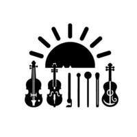 Black silhouette of a sun over a collection of string instruments, mallets, and percussion sticks on a white background, creating a musical . vector