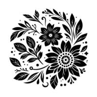 A symmetrical black and white botanical illustration of flowers, leaves, and decorative elements arranged in a circular composition. vector