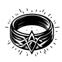 Intricate black and white illustration of a decorative ring, featuring Celtic knotwork and a stylized star, radiating lines on a white backdrop. vector