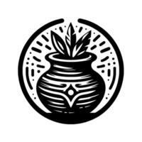 Stylized monochrome artwork of a decorative pot with leaves, set inside a textured circular frame, suggestive of tribal art and natural elements. vector
