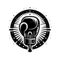 Boxing glove emblem in a bold, style, framed within a starburst circle, radiating power and strength, monochrome palette. vector