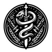 A monochrome circular emblem featuring a serpent entwined around a sword, framed by wheat and geometric shapes. vector