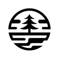 Minimalist Black and White Circular Pine Tree, Landscape, and Abstract Elements Symbolizing Nature and Serenity. vector