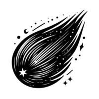 Bold Black and White Illustration of a Cosmic Comet with a Star, Crescent Moon, and Starbursts Against a White Background. vector