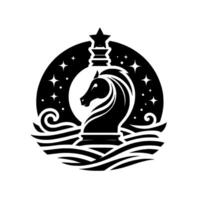 Black and White Stellar Knight Chess Piece Crest A celestial night sky circle framing a chess knight above stylized ocean waves. vector