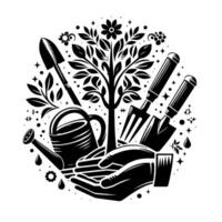 A monochrome stylized illustration of a gardeners tools watering can, shovel, fork, tree, and hands within a circular frame with botanical elements. vector