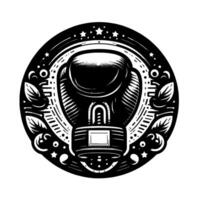 Decorative, circular illustration of a spacesuit helmet, framed with ornate leaf motifs, stars, and geometric patterns, rendered in monochrome. vector