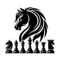 A striking monochrome of a stylized horse head above a row of chess pieces, emphasizing strategy. vector
