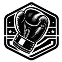 Monochrome Boxing Glove Emblem within a Hexagonal Frame, Featuring Stars, Geometric , and Graphics. vector