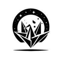 A stylized origami crane symbol within a starlit circle, in monochromatic shades against a stark white background. vector