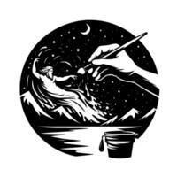 Cosmic Creation Divine Figure Emerging from Paintbrush Strokes within Circular Night Sky and Mountainous Landscape, Complete with a Bucket vector