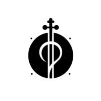 Celestial String Instrument A stylized black and white of a violinlike instrument with celestial body and starry elements, representing cosmic music. vector