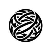 Intricate, abstract black and white spherical showcasing interwoven, curved lines creating a complex knotlike pattern against a pristine white background. vector