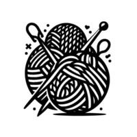 Black and white illustration of three yarn balls and knitting needles, with decorative elements on a plain background. vector