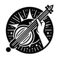 Black and white illustration of a banjolike instrument held by a hand, surrounded by a stylized sunburst and planetary elements within a circular frame, evoking a celestial music theme. vector