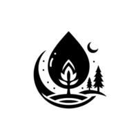 Monochromatic A stylized drop encompasses a blossom, crescent, and trees on a crescentshaped earth, invoking growth and nature at night. vector