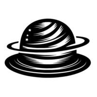Black and white minimalist illustration of a planet with rings and three stars against a clean white background, a cosmic hatlike . vector