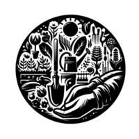 Circular Black and White Garden Illustration Hand, tools, plants, sun, and a watering can creating a harmonious . vector